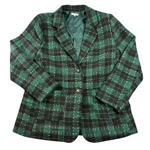 Jodifl Womens Green Black Plaid Tweed Blazer Jacket Metallic Shimmer Large